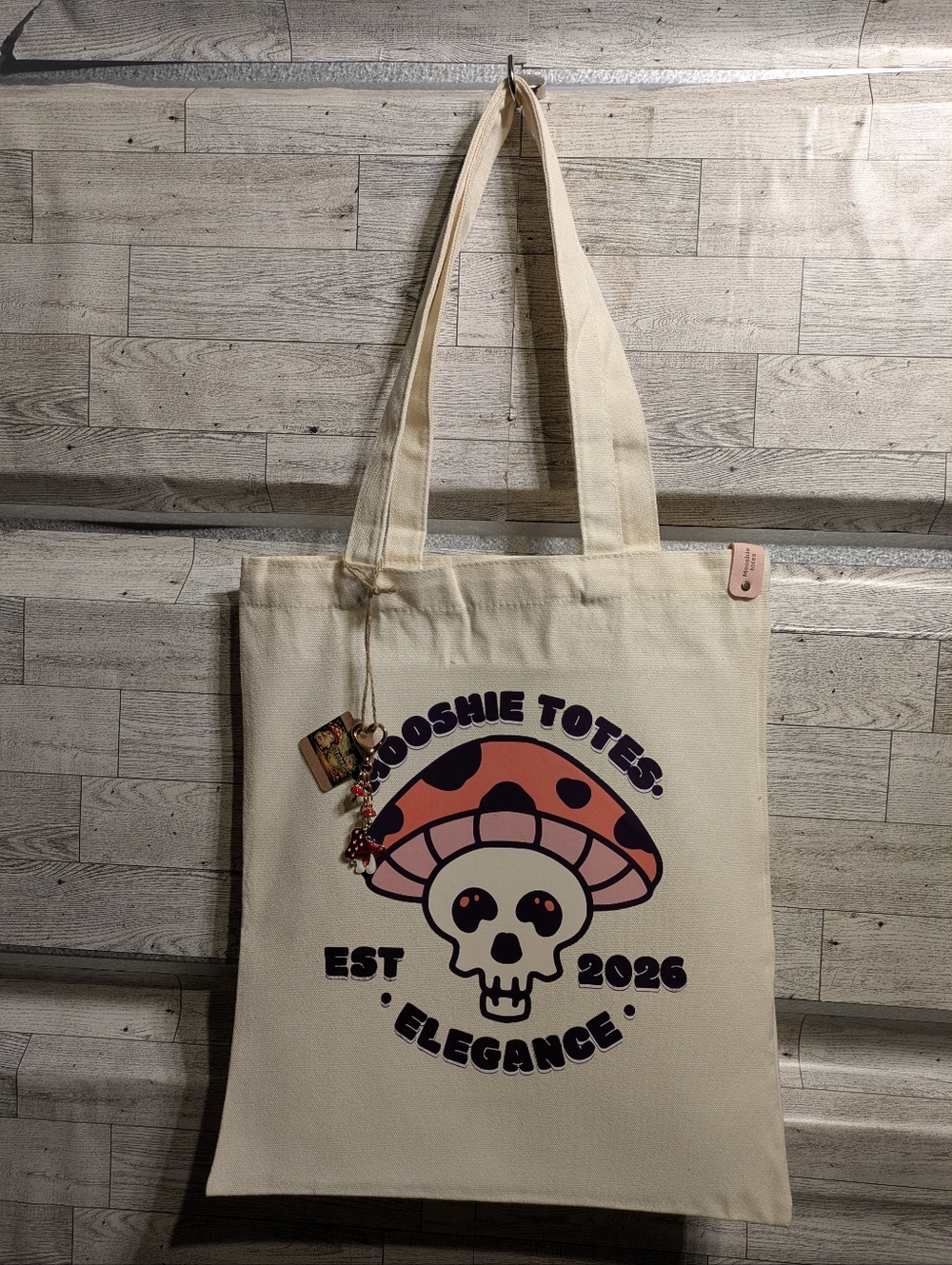 Mooshie Totes Cream Tote Bag with Pink Mushroom Skull Design